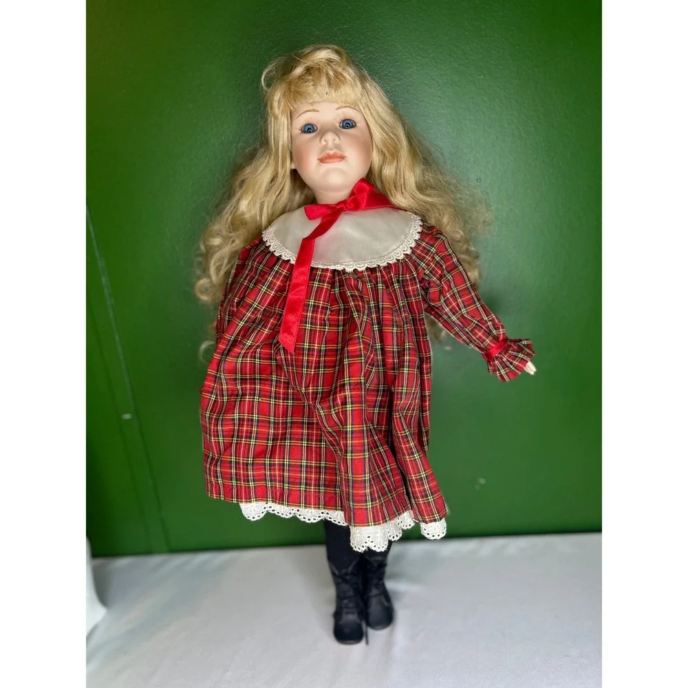 Vintage Porcelain Collectible Doll Blonde Hair Blue Eyes Red Plaid Holiday Dress